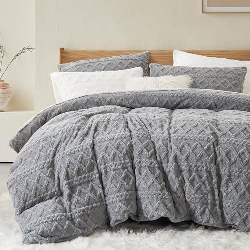 Sedefen Gris Housse de Couette 220x240 cm Polaire Sherpa Hiver Chaude Duveteuse Tuftée à Rayures Parure de lit 2 Personnes Fille Ado Peluche Flanelle Linge de lit Avez Fermeture Éclair