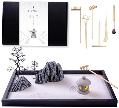 Cularve Illuminated Zen Garden for Desk, Sand Tray Therapy Kit with Glowing Stone Lantern, Japanese Zen Garden Kit, Stress Relief Gifts, Desk Decoration.
