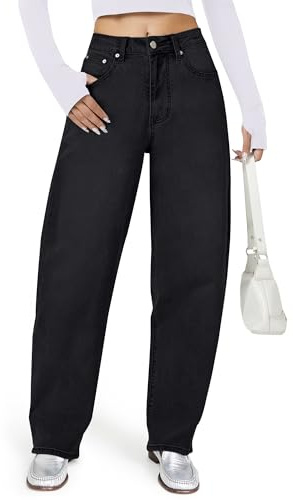 AUWUKA Barrel Jeans für Damen, hohe Taille, weites, gerades Bein, Boyfriend-Jeans, mikroelastisch, für Damen, Schwarz, S