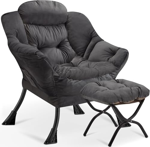 Buymoth Armchair Living Room Comfy Armchair Reading Chair with Footstool Lazy Accent Chairs Bedroom Cuddle Chairs, for Living Room Bedroom Study Room Office, Dark Grey