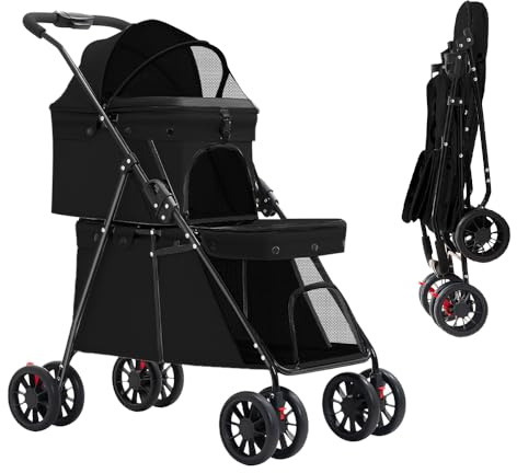 Passeggino a doppio strato, per cani, gatti, animali, viaggi, passeggino, pieghevole, cane, gatto, a quattro ruote, carrello, carrozzina, passeggino, passeggino, Buggy-67 x 50 x 95 cm, nero