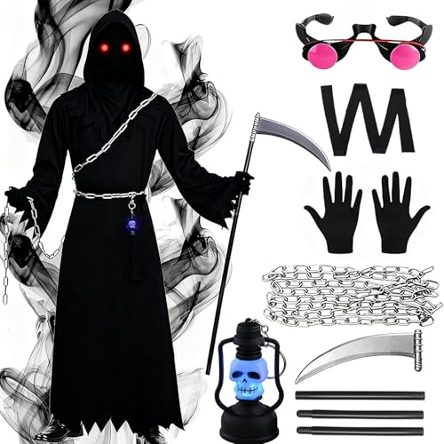 FCYQSD Sensenmann Kostüm für Kinder Erwachsene, Halloween Cosplay Kostüm mit Brille Sense Kette Gürtel für Halloween Karneval