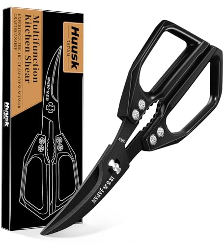 Huusk Seafood Scissors Black - Stainless Steel Kitchen Shears Dishwasher Safe, Sharp Japanese-Style Kitchen Scissor for Crab, Shrimp, Lobster, Herbs and Food Prep, Christmas Gifts for Men Women