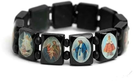 KOGMMYSEVP Images Religiöse Heilige Jesus und Rosenkranz Christliche Holzdesigns Elastisches dehnbares Holzarmband, Classic