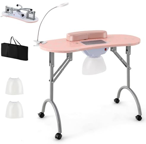HOMASIS Table de manucure avec aspirateur, Table à Ongles Pliable avec Éclairage LED Réglable, 3 Sacs, Coussin et Sac de Rangement, Bureau Esthéticienne avec 4 roulettes, 90 x 43 x 73 cm (Rose)