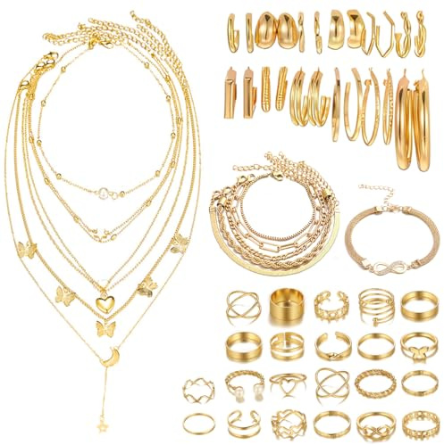Bcenoilua Parure Ensemble de Bijoux Femme Avec Boucles d'oreilles Créoles en Or Épaisses à la Mode Accessoires Anneaux en or Ensemble Collier et Bracelet Fantaisie Costume Bijoux (Oro-A, Taglia unica)