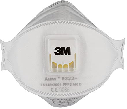 3M Aura Maske für Dämmstoffe und Hartholz 9332+, FFP3, mit Ventil, 10 pro Packung