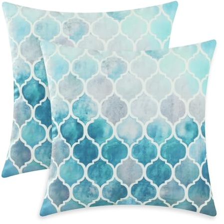 CaliTime Kissenbezüge Kissenhülle Kissenbezüge Packung mit 2 kuscheligen Kissenbezügen für Couchbett Sofa Manuelle handbemalte Bunte geometrische Gitterkettendruck 45cm x 45cm Main Grey Teal