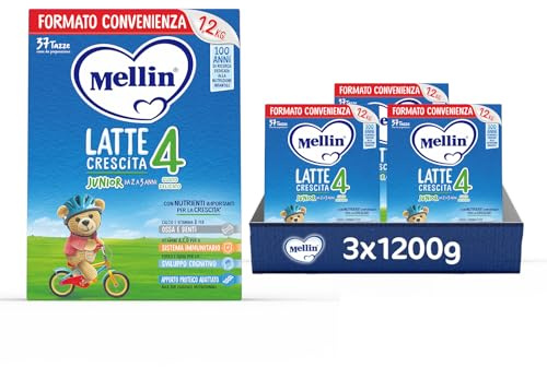 MELLIN 4 - Latte di Crescita in Polvere per Bambini - dal 2° anno compiuto al 3° anno, Gusto Delicato - Confezione da 3600 grammi (3 confezioni da 1200g)