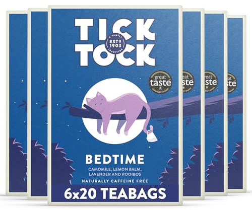 Tick Tock Wellbeing Bedtime Tea | Caffeine-Free Camomile, Lemon Balm, Lavender & Rooibos Tea | Naturally Calming Herbal Tea | Sleep Tea Bags | Sleep Aid | Pack of 6 x 20 Tea Bags (120 Teabags)