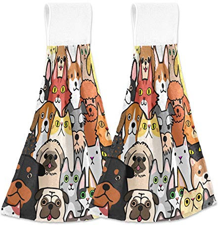 HMZXZ Hängend Hand Handtücher Küche Gekritzel Tier Hund Katze Krawatte Handtuch Saugfähig Sanft Koralle Samt Gericht Gericht Wischen Stoff mit Schleife für Bad Waschlappen Zuhause Dekor, 2er Pack