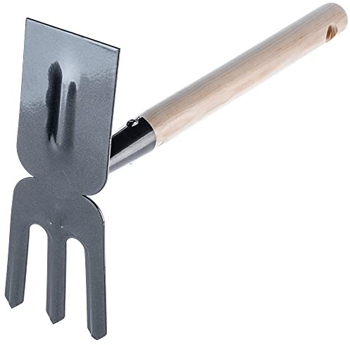 KADAX Azada pequeña de metal, azada de jardín de mango corto, doble azada y azada resistente para desbrozar malas hierbas (3 dientes, rectángulo, con mango de madera)