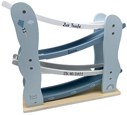 Personalisierte Holz Kugelbahn Tauf Version I Kugelbahn ab 1 Jahr I hochwertige Murmelbahn Baby in blau I Rollbahn für Kinder I Geschenk zur Taufe I Maße: 30 x 30 cm