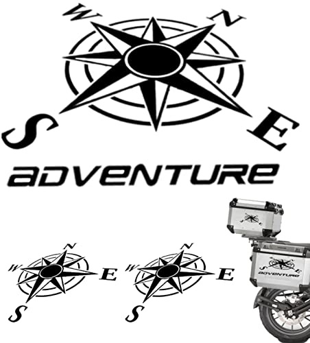 Lot de 2 autocollants roses des vents d'aventure de 34 cm + cadeau 2 autocollants roses des vents de 15 cm valises pour moto enduro aventure Trail off Road Sport 4 x 4 pour voiture ou moto (noir
