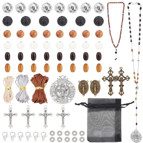 PandaHall 359 Teiliges Rosenkranz Armband Herstellungsset Holzperlen Katholische Rosenkränze Tibetische Legierung Kreuz Anhänger Bastelset Für Halskette Armband Ohrringe Rosenkranzherstellung