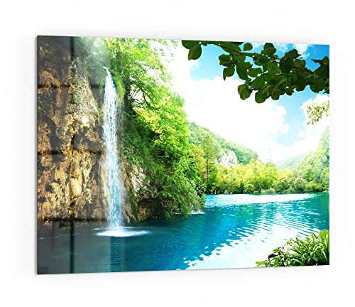DEQORI Pannello posteriore per cucina in vetro, motivo cascata nella foresta verde, 80 x 60 cm, pannello posteriore per bagno o stufa, paraspruzzi per cucina e bagno, decorazione moderna per