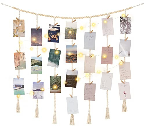 Mkono Macrame Hanging Photo Display Wall Decor with String Lights, Boho Wooden Beads Garland Collage Picture Card Frame Holder with 45 Clips for Bedroom Living Room Dorm, Teen Girls Christmas Gifts