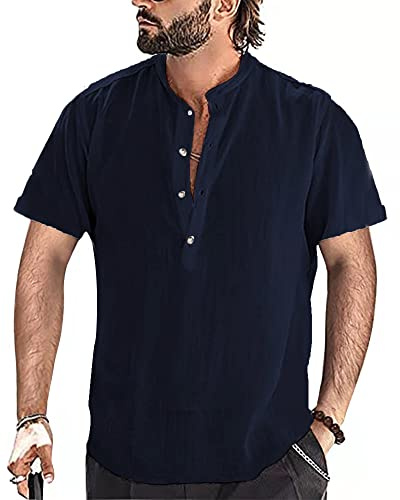 YAOBAOLE Chemise Henley Homme Chemise Lin Homme Slim Fit Chemises Lin Col Mao Hommes Chemises Légère Hommes Été Bleu Marine XL