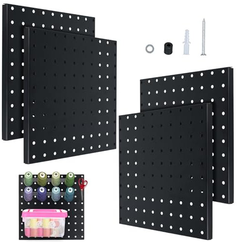 4pcs Panneau Perforé Mural, Panneaux Perforés en Métal Noir Panneau Mural Organisateur de Bureau Robuste Grand pour Murs de Cuisine Garage Organisation de la Maison Salle d'Artisanat 25x25cm