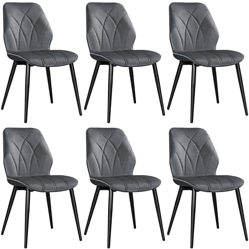 Yaheetech Lot de 6 Chaises de Salle à Manger Dossier Ergonomique Chaises de Cuisine Assise en Velours Bien Rembourrée Chaises de Chambre Cadre en Métal Capacité de Charge Maximale 136 kg Gris Foncé