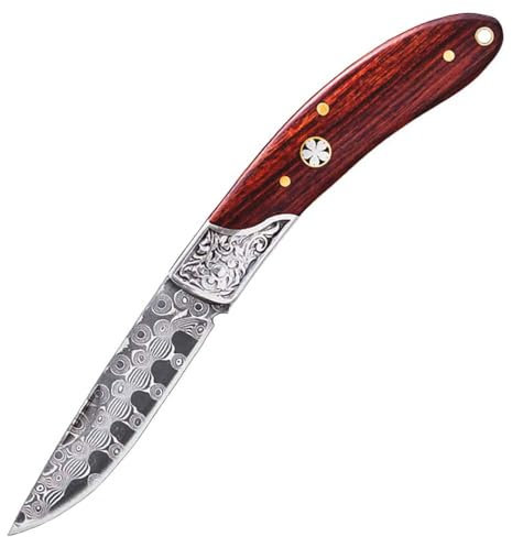 Joa Couteau de poche Damas pliant fin et pratique - Couteau de survie - Couteau de chasse - Manche en bois - Acier damassé de qualité supérieure - Petit couteau léger EDC