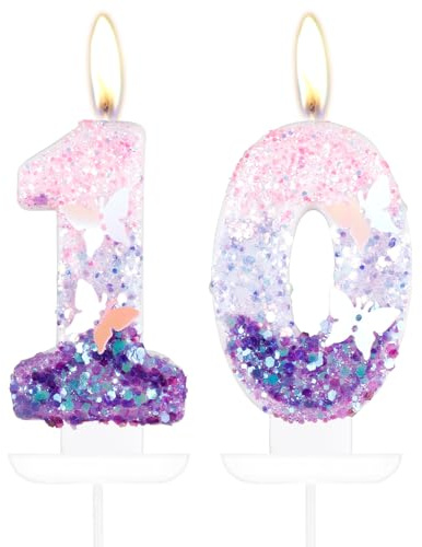 Schmetterling Zahl 10 Kerzen für Kuchen, 10 Geburtstag Schmetterling Kuchen Kerzen Cake Topper Mädchen 10 Geburtstag Kuchen Dekorationen, Lila Rosa Schmetterling Geburtstagskerzen, Lila Schmetterling