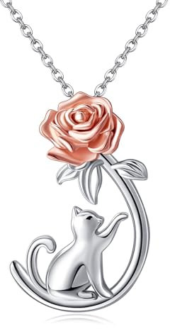 ONEFINITY Katthalsband 925 sterling silver ros blomma katt hänge halsband katt smycke present till kvinnor kattälskare, Ingen ädelsten