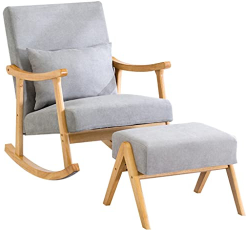 GLOBEXSS Schaukelstuhl aus massivem Holz im Mid-Century-Stil mit Ottomane, Sitzfläche mit Stoffpolsterung, moderner Wohnzimmerstuhl, bequemer Stillstuhl für Mama