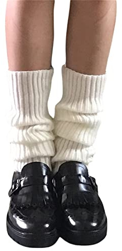 Yoisdtxc Women Girls Japanese Style Leg Warmer, Y2K Knit Boot Socks Solid Color Stripe Elastic Leg Cover, Lolita Style Protector (White, One Size)