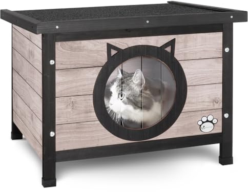 VOUNOT® Cat House Garden Wooden Kitten Home with Cat Ear Design Door, Water-resistant Openable Roof Outdoor Pet Shelter 57x45x43cm, Grey