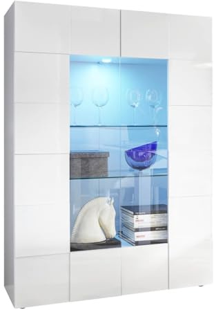 AltoBuy Rebecca - Vitrine 2 Portes Finition Blanc Laqué Weiss Relief Damiers et LEDs
