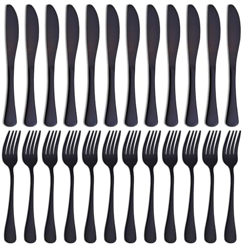 24 Pieces Black Knife and Fork Sets, PionStar Stainless Steel Cutlery Set for 12 People, Forks Set of 12 & Knives Set of 12, Dishwasher Safe/Mirror Polished, Silverware Set Include Knife and Fork