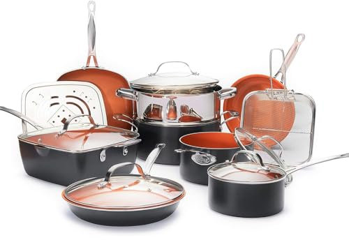 HJZSZX Juego de ollas y sartenes de cerámica de 12/15 piezas, juego de utensilios de cocina antiadherentes, juego de utensilios de cocina de cerámica, juego de 15 piezas, cobre