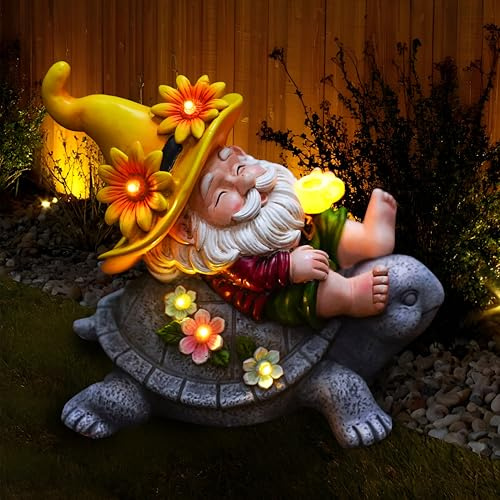 TUEVAK Garden Gnomes Outdoor Decor - Funny Sunflower Gnome Sitting on Turtle with Solar Lights, Gnomes Decoration for Lawn Yard Patio, Garden Gifts for Women, Mothers Day, Housewarming