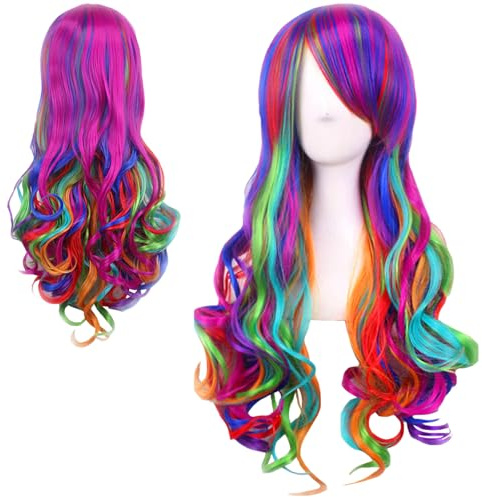YOUYIKE Lange Lockige Perücke, 26 Zoll/65cm Bunt Cosplay Perücke für Frauen, Perücken mit Pony, Damen Perücke Lang, geschichtete, für Alltag Anime Cosplay Kostümparty Halloween Karneval