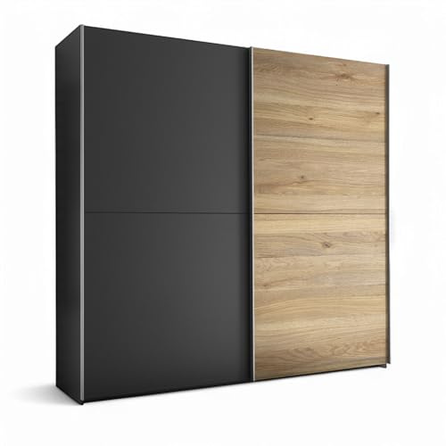 MELTON Kleiderschrank Graphit Mauvella Oak 2-türig 215 x 210 x 60 cm | Schwebetürenschrank für das Schlafzimmer, inklusive Kleiderstangen und Ablageböden, modernes Design in Eiche-Optik