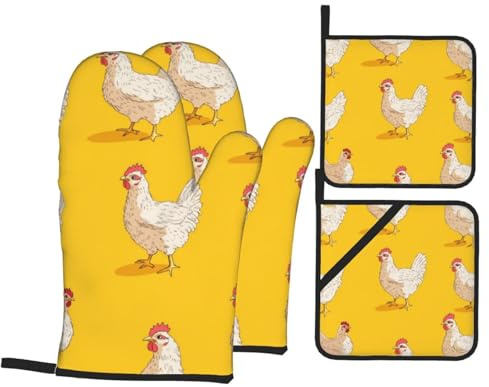 4 Pcs Cute Chickens Oven Mitts and Potholders,Kitchen Oven Glove with Pot Holders,Non-Slip Gloves High Heat Resistant 500 Degree for BBQ, Grill, Baking, Cooking, Oven, Microwave