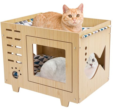 Holz Katzenhaus Kleintierhaus Hundehütte mit Waschbarem Matratze und Plattform Peek-a-Boo zum Spielen, Winterfest, Haustiernest für Vier Jahreszeiten