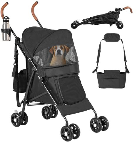 DWVO Hundewagen Hundebuggy für Hunde & Katzen bis 11,3 kg, Faltbar klappbar, Haustiere Buggy mit Kissen, Aufbewahrungskorb, Haustier-Kinderwagen 45x80x103cm, Katzenwagen (Schwarz)