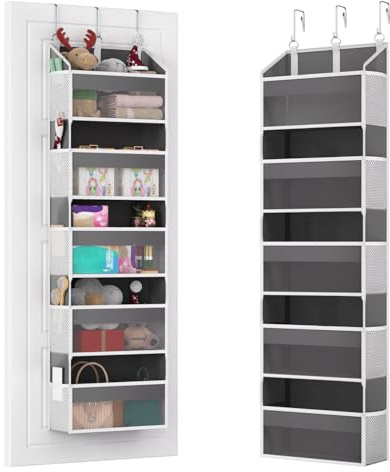 Over Door Organiser with 5 Front & 10 Mesh Side Pockets, 50lbs Weight Capacity Hanging Storage Organiser Anti-Tilt Space-Saving Design with 3 Sturdy Hook for Closet, Bathroom, Kitchen, Pantry, Grey