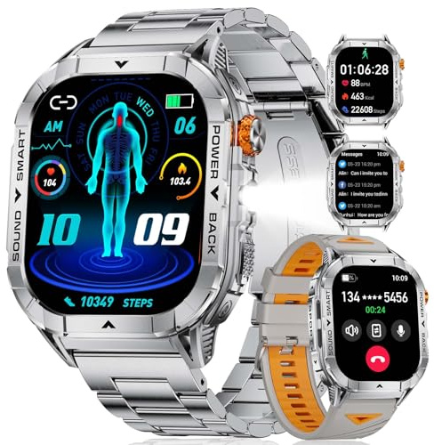 SUNKTA EF17 Militär Smartwatch Herren mit Bluetooth-Anrufe, 2.13 AMOLED Display Fitnessuhr, LED Taschenlampe/500 mAh Akku/IP68 Wasserdicht/110+ Sportmodi Sportuhr, Smart Watch für Android iOS