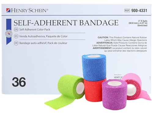 Henry Schein Premium Self-Adherent Bandage Wrap – 2 x 5 Yards, Assorted Colors – Box of 36 Rolls – Flexible, Non-Woven Fabric, Non-Sterile, Latex-Based Wrap for Wound Care & Light Compression