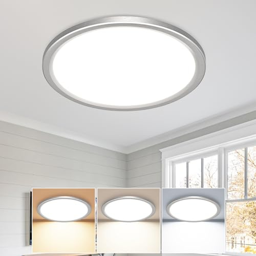 slochi Deckenlampe LED Deckenleuchte Flach, Ø22CM 3Farben 18W Nickelfarbe | 1800LM Wasserfest Rund Badlampe Decke, Modern LED Lampen für küche Badezimmer Schlafzimmer Flur Wohnzimmer