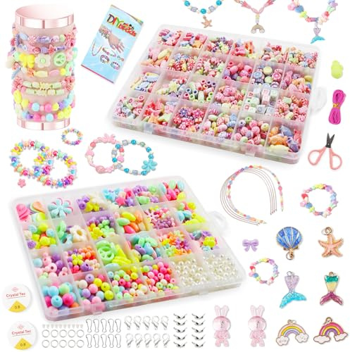 Perlen zum Auffädeln Kinder Schmuck 2 Boxen/48 Farben Geschenk für Mädchen | DIY Armbänder Selber Machen, Bastelnperlen Set Bastelset Kinder für Mädchen Kunsthandwerk Geburstagsgeschenk