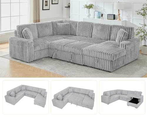 Oversized Sectional Sleeper Sofa with Pull Out Bed,3 Pillows,Type-C USB Port,Storage Chaise Lounge,U-Shaped 7 Seat Fuzzy Rabbit Plush Large Sectional Sofa Bed for Living Room,122 Inch,Grey