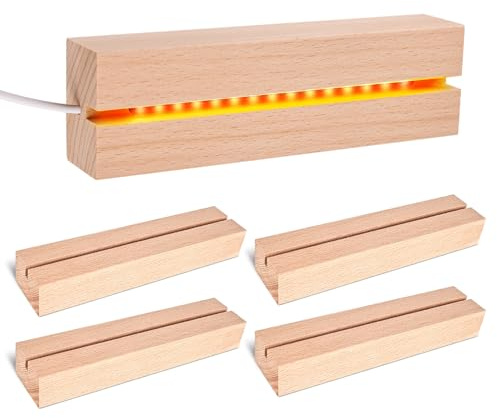 4 Stück Holzsockel beleuchtet Basis aus Holz LED Halterung für Acryl Kristall Glas (15cm, warme Farbe)