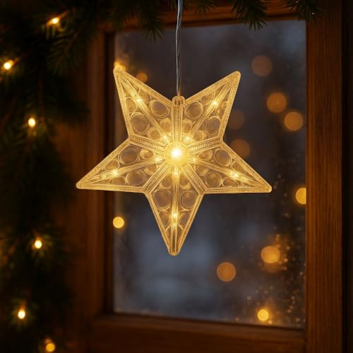 Ideen mit Herz LED-Sterne mit Linsenreflexion | Indoor | 14,6 cm x 14 cm | je 10 LEDs in Warmweiß | transparent | klar | 2 Stück | mit Timer-Funktion | Fenster-Deko zu Weihnachten