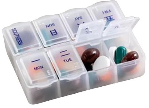 Organisateur hebdomadaire de pilules - Boîte à comprimé à 8 compartiments - Distributeur de médicaments portable | Cas complémentaire quotidien anti-déversement - Récipient de voyage compact pour