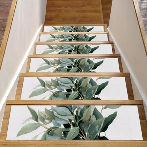15 peldaños de escalera para peldaños de madera, 8 x 30 pulgadas, alfombra antideslizante para interiores, para niños, ancianos y mascotas, patrón de ramo de eucalipto verde salvia