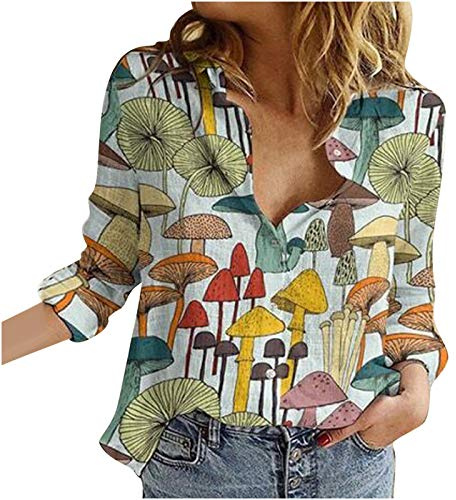 GMQWRK Camisas de manga larga con diseño de hongos para adolescentes y niñas, camisa con botones para otoño y primavera, ligera, casual, cuello redondo, blusa para mujer, para salir, salida de baño
